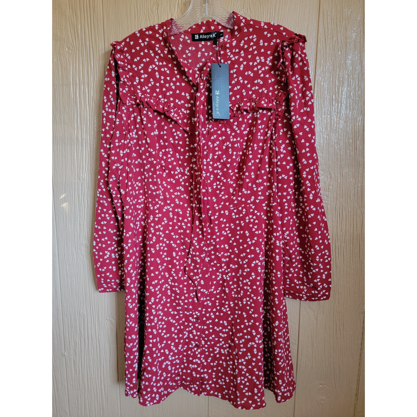 Allegra K Red Dress With Hearts Full Button Front Long Sleeve Midi Sz Large Y2k